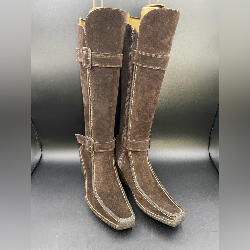 Pons Quintana Tall Brown Suede Zip-Up Wedge Boots w/ Buckles, Excellent! - Picture 3 of 12